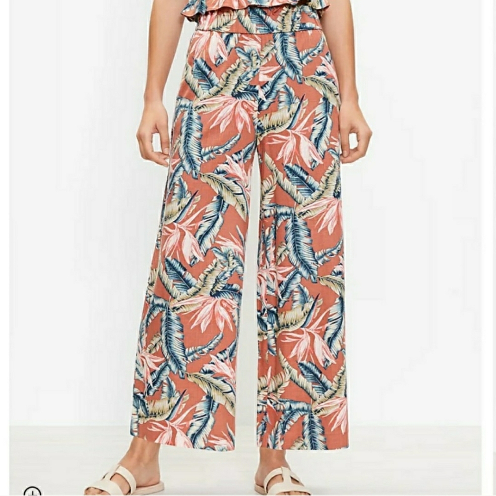 Loft Linen Tropical Print Wide Leg Pants Size Medium